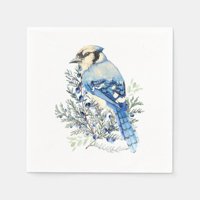 Watercolor Blue Jay Bird Blueberries Country Art Napkin (Front)