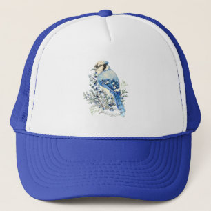 Watercolor Blue Jay Bird Blueberries Country Art Trucker Hat