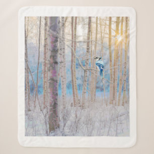 Watercolor Blue Jay Bird in Forest Nature Art Sher Sherpa Blanket