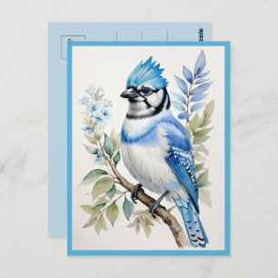 Watercolor Blue Jay Bird on Tree Branch Postcard
