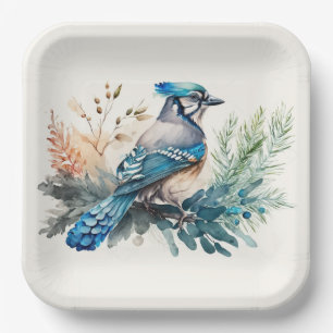 Watercolor Blue Jay Bird Paper Plate