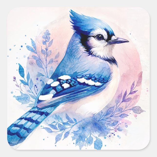 Watercolor Blue Jay Botanical Bird Square Sticker (Front)