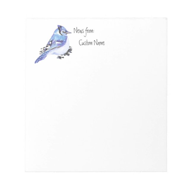 Watercolor Blue Jay News from Custom Name Bird, Notepad (Front)