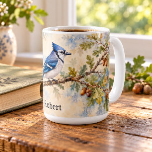Watercolor Blue Jay with Oak Leaves & Acorns Coffee Mug