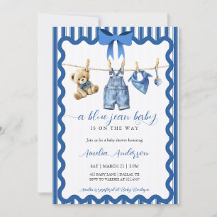 Watercolor Blue Jean Baby Clothesline Baby Shower Invitation