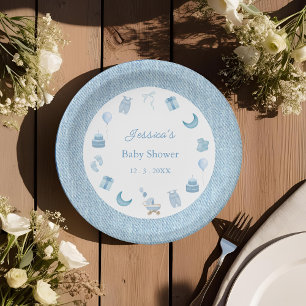 Watercolor Blue Jean Baby Denim Baby Shower  Paper Plate