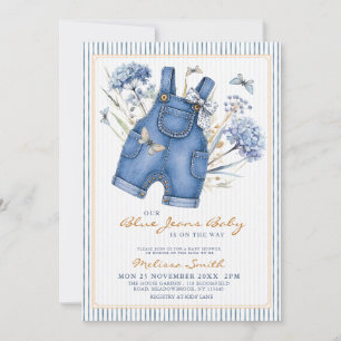 Watercolor Blue Jean Denim Overalls Baby Shower Invitation