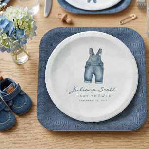 Watercolor Blue Jeans Baby Shower Denim Paper Plate
