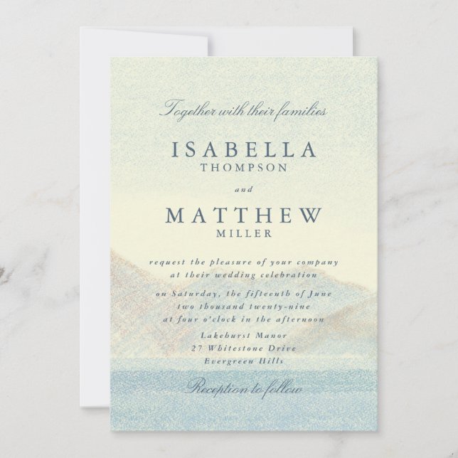 Watercolor Blue Landscape Wedding Invitation (Front)