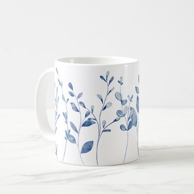 Watercolor Blue Leaves Coffee Mug (Front Left)