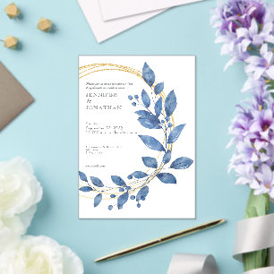 Watercolor Blue Leaves Gold Wedding Invitation
