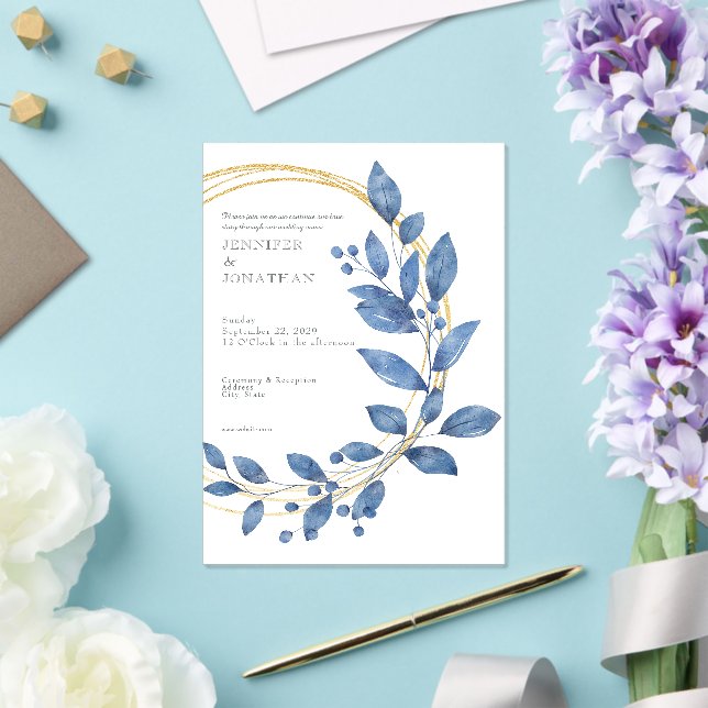 Watercolor Blue Leaves Gold Wedding Invitation (Insitu (Wedding))