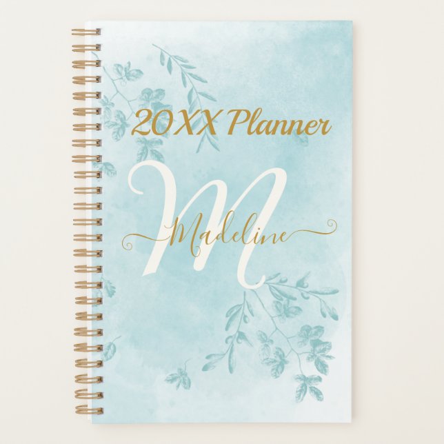 Watercolor Blue Leaves Monogram Planner (Front)