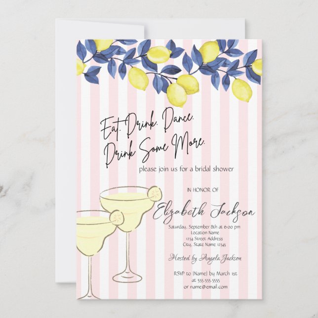 Watercolor Blue Lemons Martini Pink Stripes Invitation (Front)