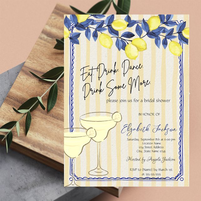 Watercolor Blue Lemons Martini Yellow Stripes Invitation (Creator Uploaded)