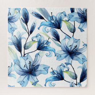 Watercolor Blue Lilies Floral Print Jigsaw Puzzle