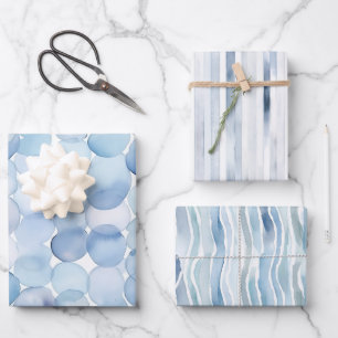 Watercolor Blue Lines Circles Abstract Pattern Wrapping Paper Sheet