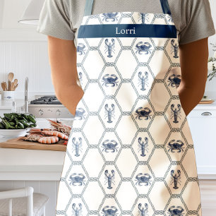 Watercolor Blue Lobster and Crab Fishing Rope   Apron