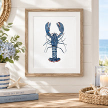 Watercolor Blue Lobster Painting Coastal Wall art
