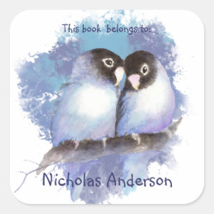 Watercolor Blue Lovebirds Love Birds Bookplate art Square Sticker