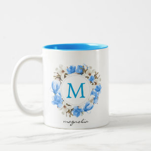 Watercolor Blue Magnolia Wreath Monogram Two-Tone Coffee Mug