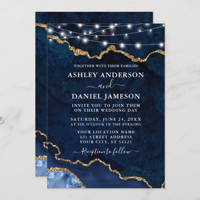 Watercolor Blue Marble Agate Geode Lights Wedding Invitation (Front/Back)