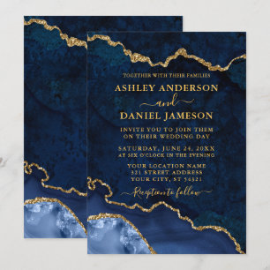 Watercolor Blue Marble Agate Geode Wedding Gold Invitation