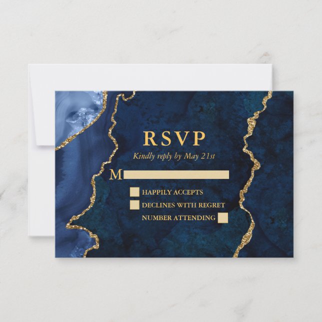 Watercolor Blue Marble Agate Geode Wedding Gold RSVP Card (Front)