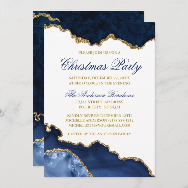 Watercolor Blue Marble Geode Gold Christmas Party Invitation (Front/Back)