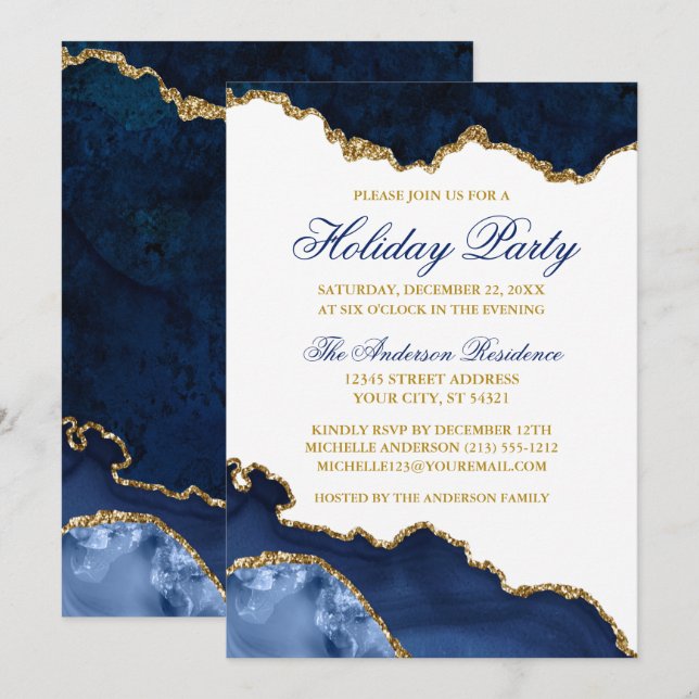 Watercolor Blue Marble Geode Gold Holiday Party Invitation (Front/Back)