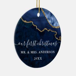 Watercolor Blue Marble Geode Wedding PHOTO BACK Ceramic Tree Decoration