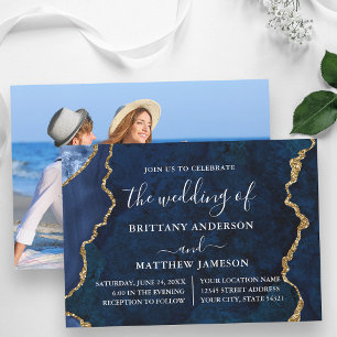Watercolor Blue Marble Gold Photo Wedding Invitation
