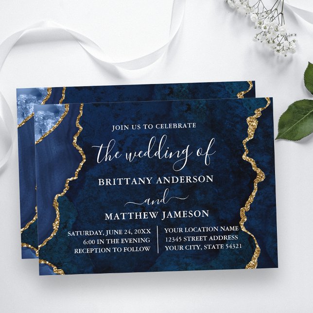 Watercolor Blue Marble Gold Wedding Invitation (Customize to change text size, text style or to add more text to back of card.)