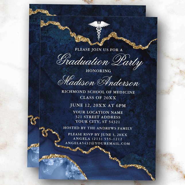 Watercolor Blue Marble Medical Graduation Party Invitation (Customize to change text size, style or to add more text or photos to back of card.)