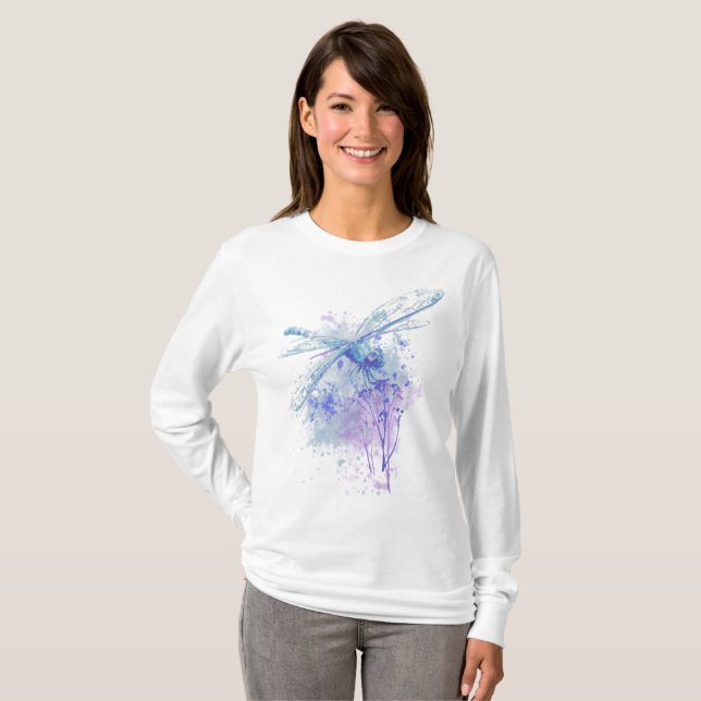 Watercolor Blue Mauve Dragonfly T-Shirt (Front Full)