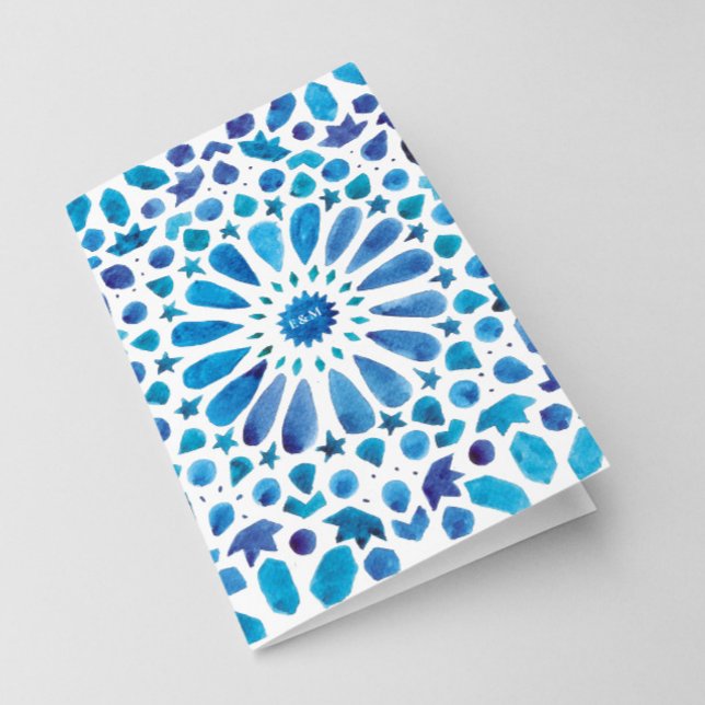 Watercolor Blue Meditteranean Tile Wedding Folded Programme (Creator Uploaded)