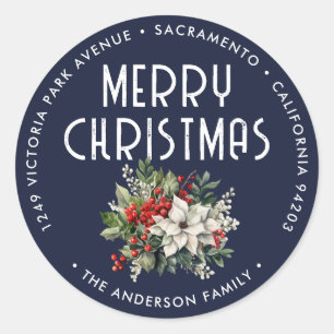 Watercolor Blue Merry Christmas Return Address Classic Round Sticker