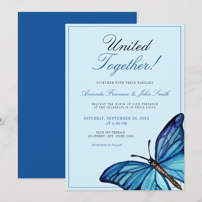 Watercolor Blue Minimal Butterfly Wedding Invitation (Front/Back)