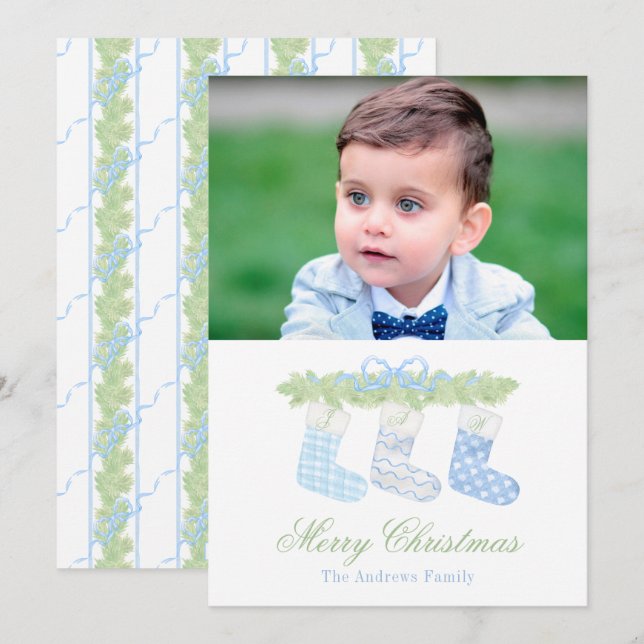 Watercolor Blue Monogram Christmas Stockings Photo Holiday Card (Front/Back)
