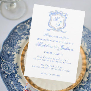 Watercolor Blue Monogram Crest Rehearsal Dinner Invitation