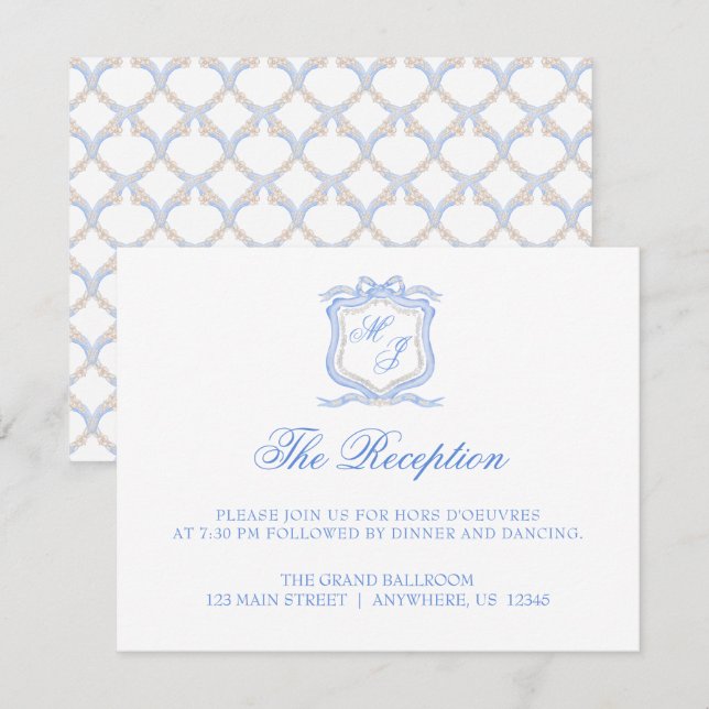 Watercolor Blue Monogram Crest Wedding Reception Enclosure Card (Front/Back)