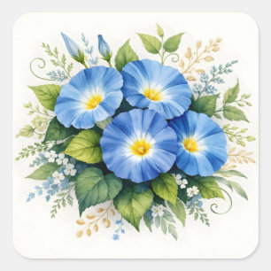 Watercolor Blue Morning Glory Flowers Square Sticker