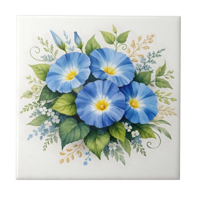 Watercolor Blue Morning Glory Flowers  Tile (Front)