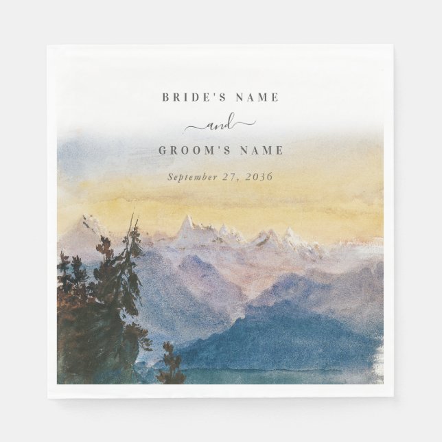 Watercolor Blue Mountains Pine Wedding Napkin (Front)