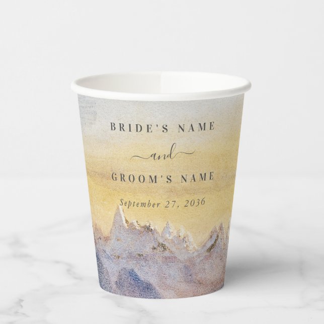 Watercolor Blue Mountains Pine Wedding Paper Cups (Left)