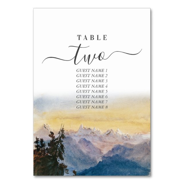 Watercolor Blue Mountains Pine Wedding Table Number (Front)