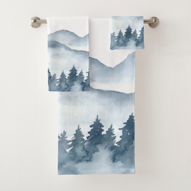 Watercolor Blue Mountains Trees Bath Towel Set (Insitu)