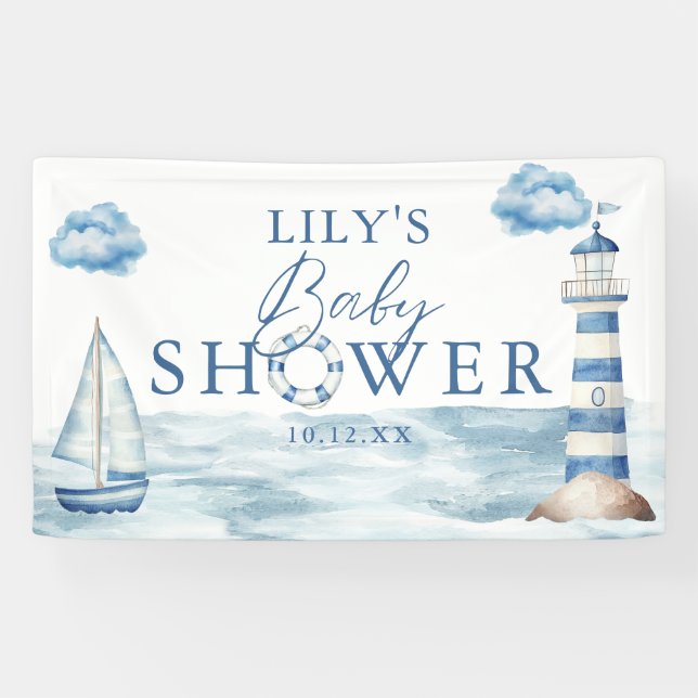 Watercolor Blue Nautical Baby Shower Welcome Banner (Horizontal)