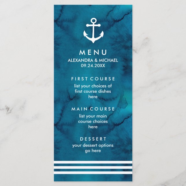 Watercolor Blue Nautical Wedding Menu (Front)