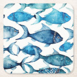 Watercolor Blue & Navy Fish | Coastal Ocean Drink Square Paper Coaster<br><div class="desc">Bring a fresh coastal vibe to your table with this watercolor blue and navy fish paper coaster. Featuring a lively school of fish in hand painted style, this ocean inspired design is perfect for beach parties, seaside weddings, summer gatherings, or nautical themed events. A stylish way to protect surfaces while...</div>